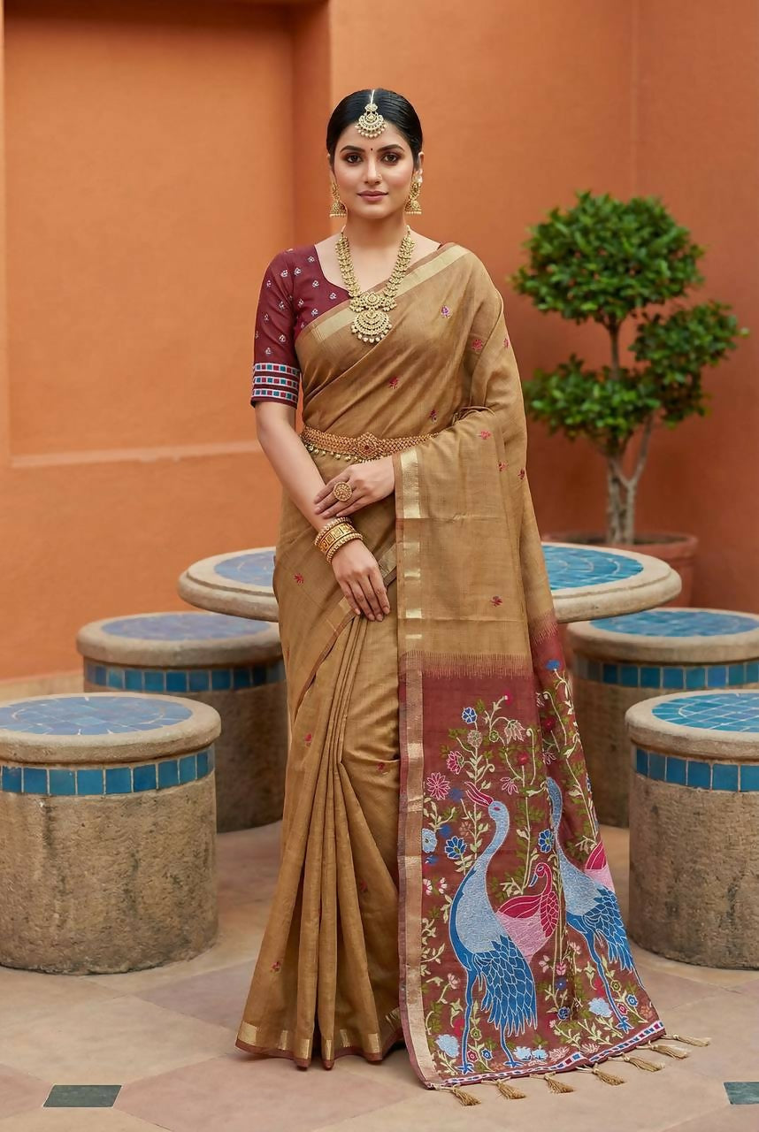 Vastranavya Cream Muga Cotton Meenakari & Azarakh Pallu Saree with Contrast Blouse | Grocsy