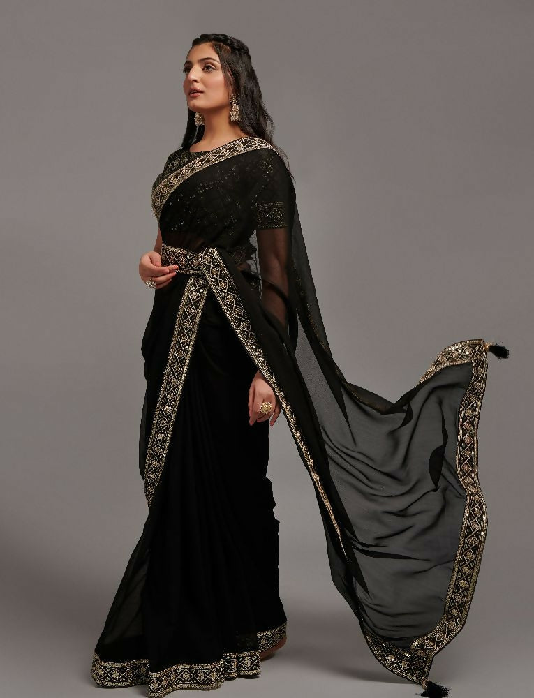 PR Fashion Black Zometo Embroidery Lace Saree | Grocsy