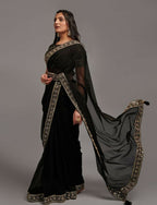 PR Fashion Black Zometo Embroidery Lace Saree | Grocsy