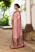 Joban Fashion Nude Pink Crepe Chiffon Pure Handloom Banarasi Silk Saree | Grocsy