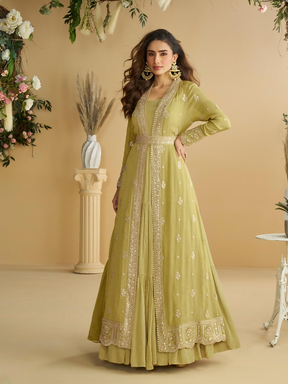 Anaita Mustard Chinon Silk Readymade Anarkali Shrug Gown with Belt & Embroidery Work | Grocsy