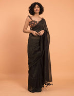 Suta Black Woven Zari Striped Pure Handloom Cotton Saree | Grocsy