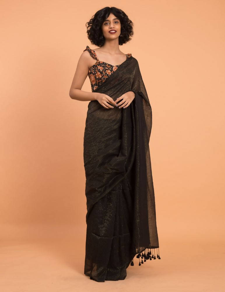Suta Black Woven Zari Striped Pure Handloom Cotton Saree | Grocsy