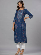 Juniper Women Navy Blue Printed Straight Kurta | Grocsy