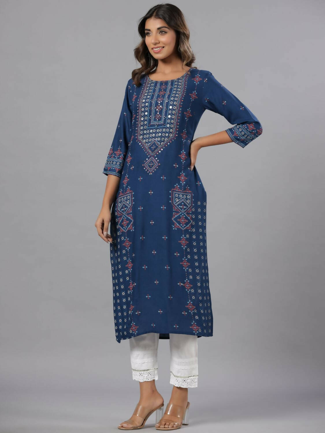 Juniper Women Navy Blue Printed Straight Kurta | Grocsy