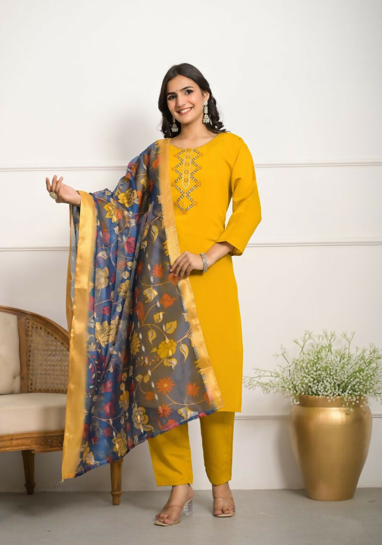 Festive Wear Ethnic YellowViscose Chanderi Stitched Suit With Dupatta - Tanisha | Grocsy
