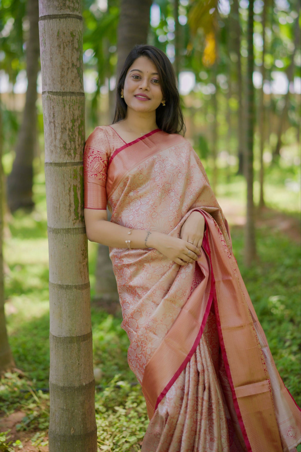 Prime Volt Bridal Kanchipuram Silk Saree with Rich Zari Weaving & Contrast Border-Orange | Grocsy