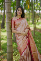Prime Volt Bridal Kanchipuram Silk Saree with Rich Zari Weaving & Contrast Border-Orange | Grocsy