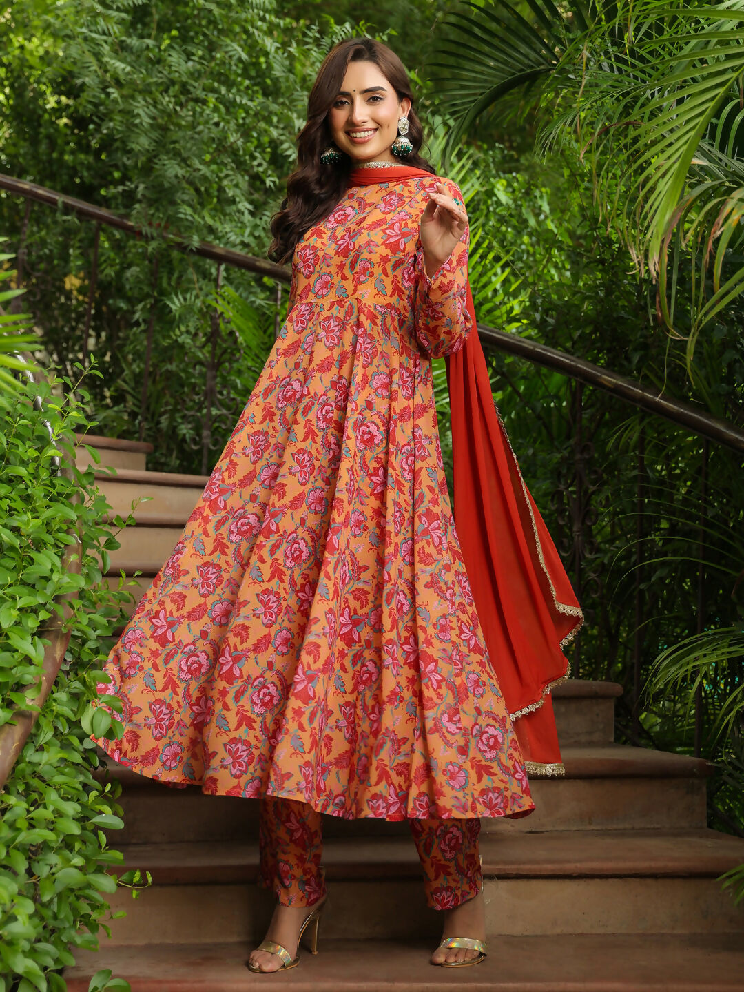 Janasya Mustard Georgette Floral Kurta,Bottom & Dupatta | Grocsy