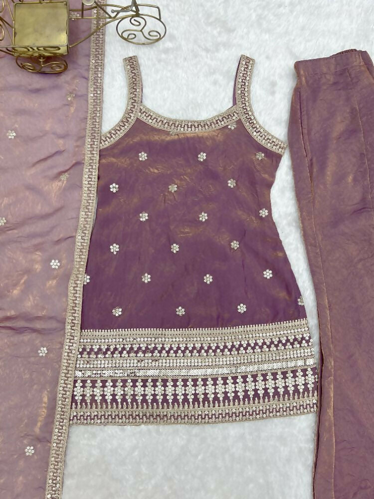 Teeya Creation Mauve Pink Embroidered Frendy Silk Sharara Suit Set | Grocsy