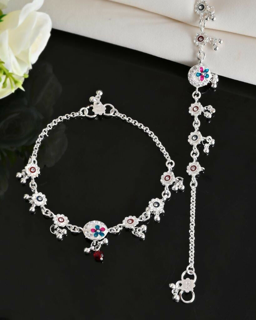 VOJ Set of 2 Stone Studded Circular Shaped Traditional Anklet | Grocsy