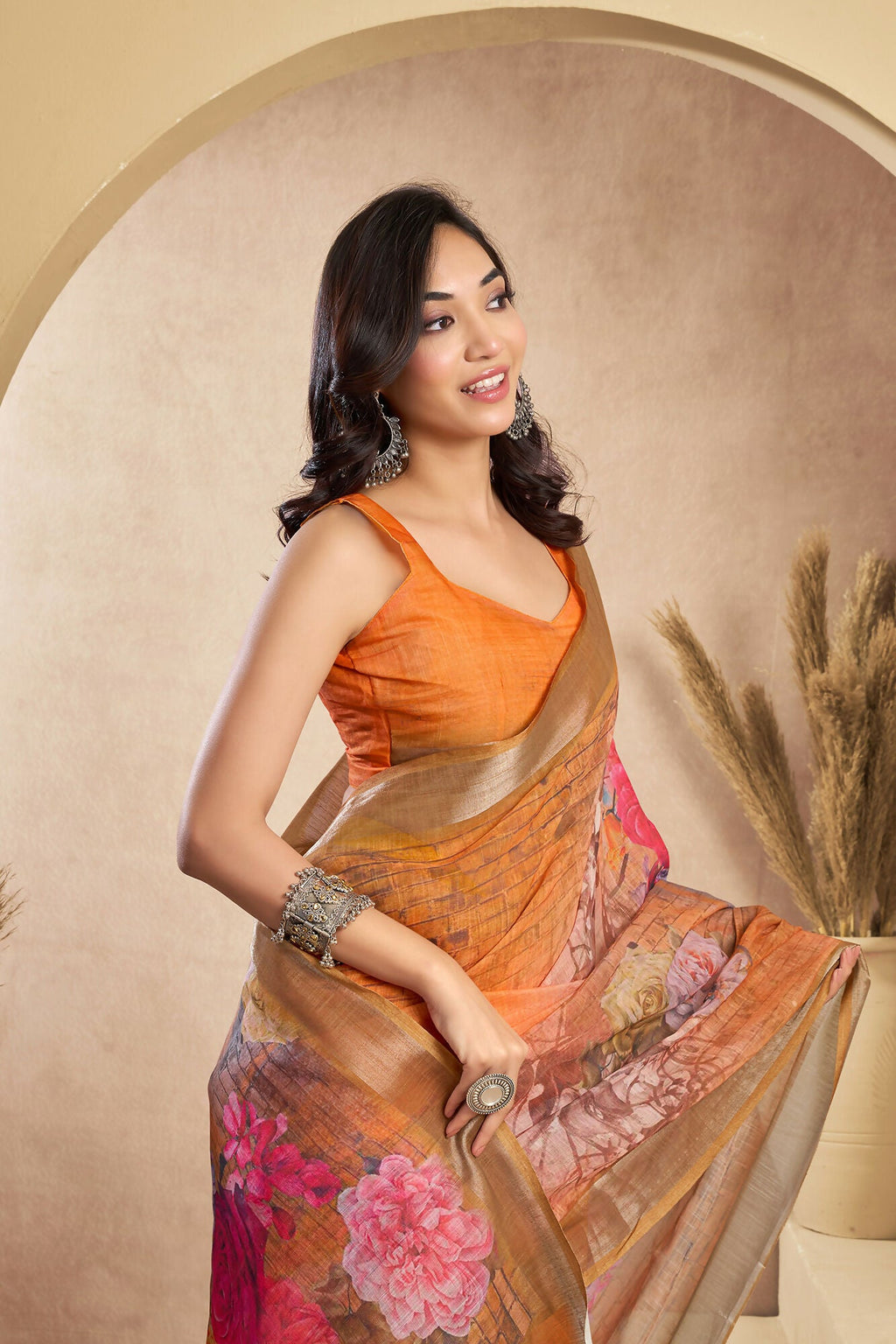 Vastranavya Orange Digital Printed Linen Ready To Wear Designer Saree with Unstitched Blouse | Grocsy