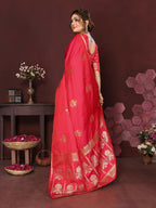 Joban Fashion Reddish-Pink Floral Motifs Banarasi Silk Sarees | Grocsy