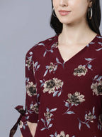 Myshka Women Burgundy Beige Floral Print A-line Dress | Grocsy