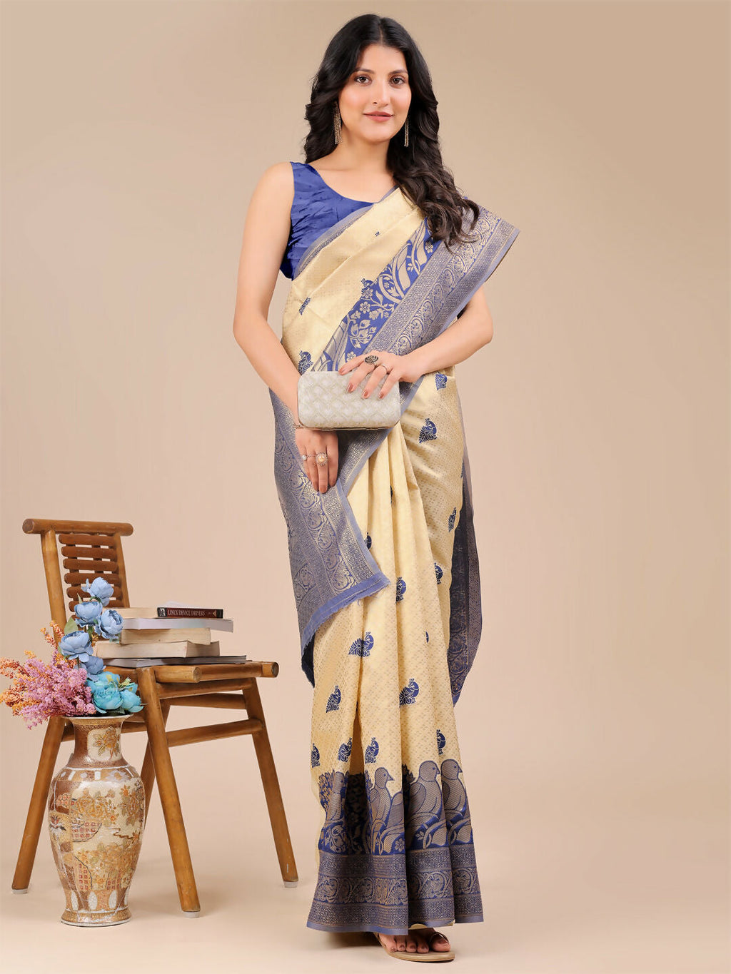 Shree Shyam Fashion Banarasi Silk Cream & Navy Blue Saree | Grocsy