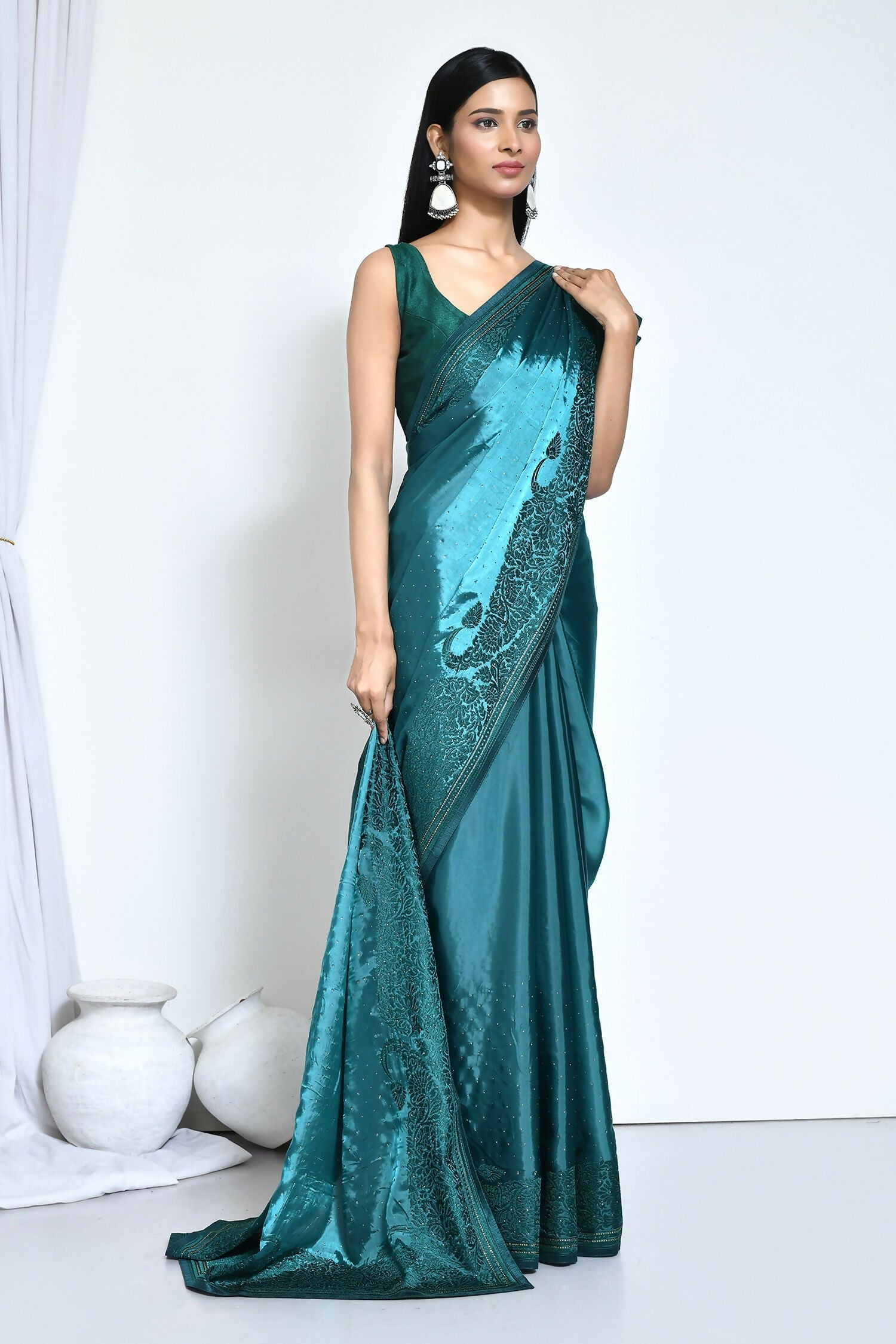 Light Blue Satin Silk Embroidered With Stone Work Festive Saree - Nimaya Denzy | Grocsy