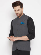Even Apparels Grey Merino Men's Nehru Jacket-Contrast Lining-Free Pocket Square PW691 | Grocsy
