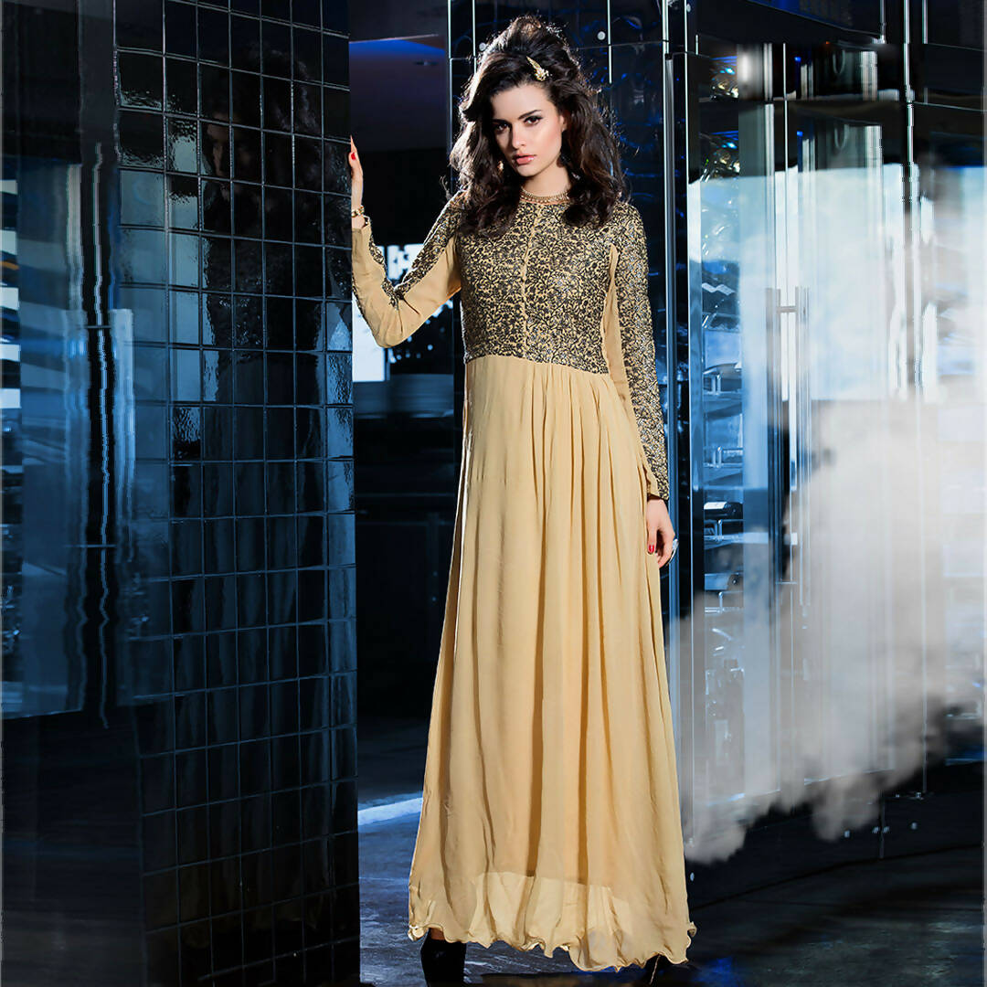 Cream Georgette Floral Embroidered A-line Kurti - Missy | Grocsy