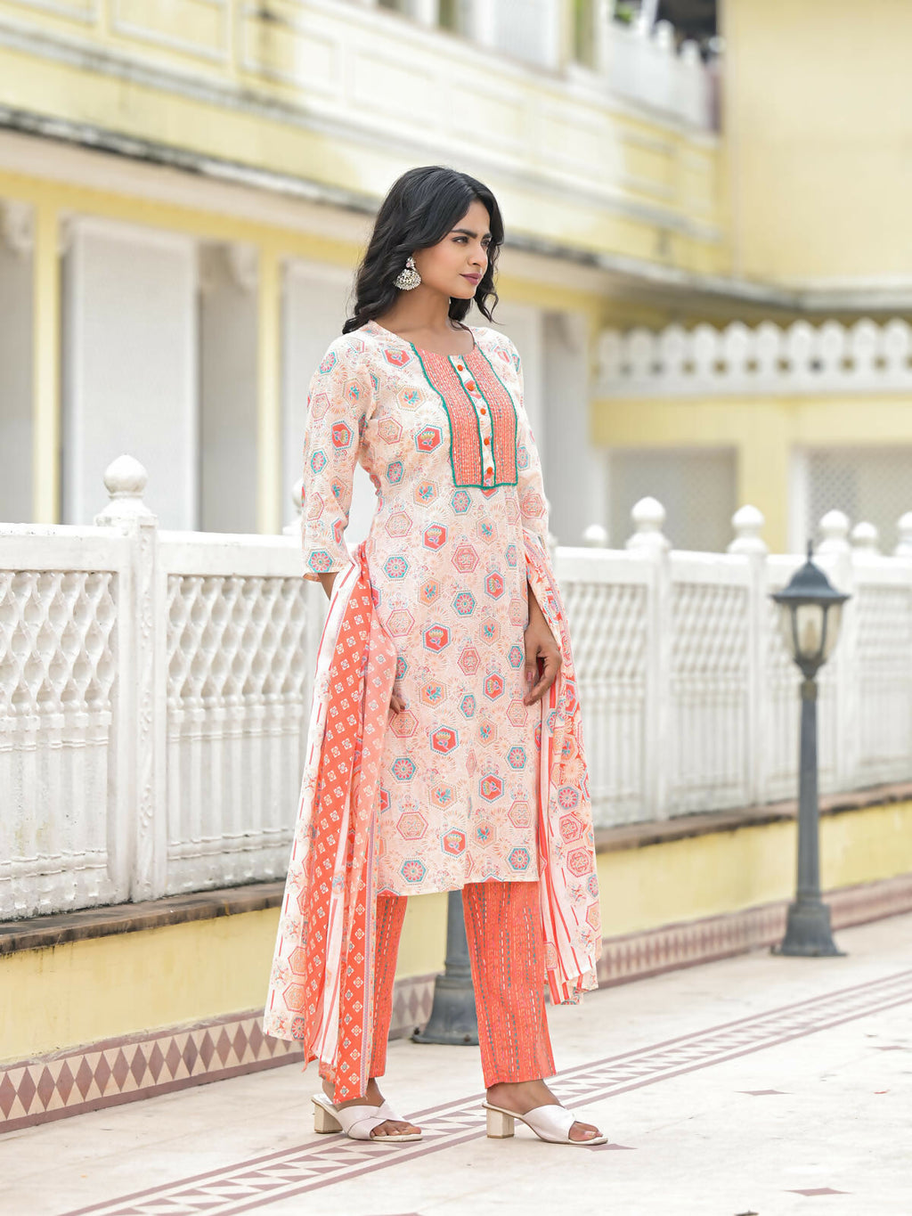Juniper Women's Peach Floral Printed Cotton Kurta Pant With Dupatta Set With Sequins & Thread Work | Grocsy