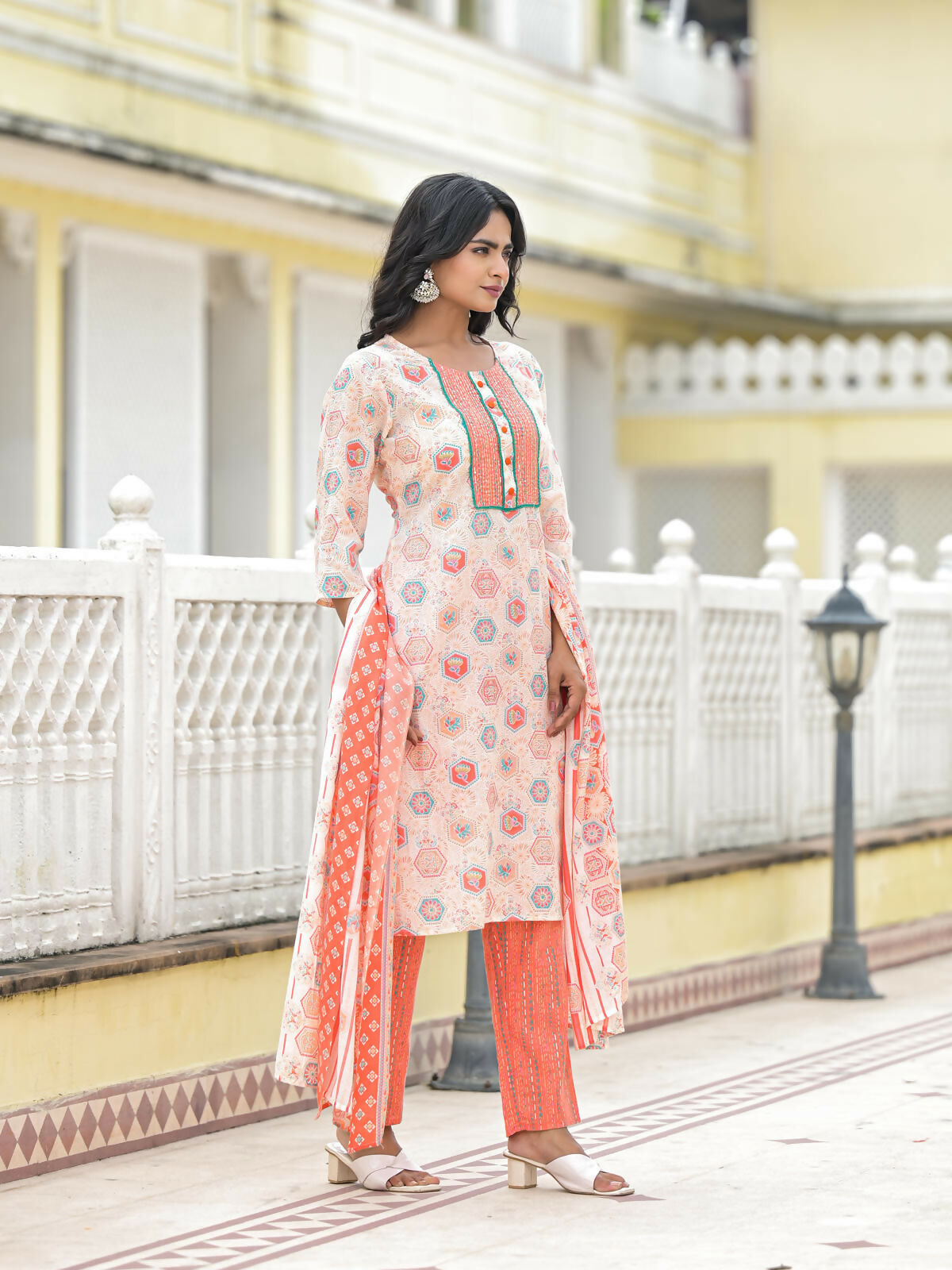 Juniper Women's Peach Floral Printed Cotton Kurta Pant With Dupatta Set With Sequins & Thread Work | Grocsy