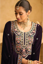 Anaita Dark Wine Embroidered with beads Velvet Stitched Plazo Suit | Grocsy