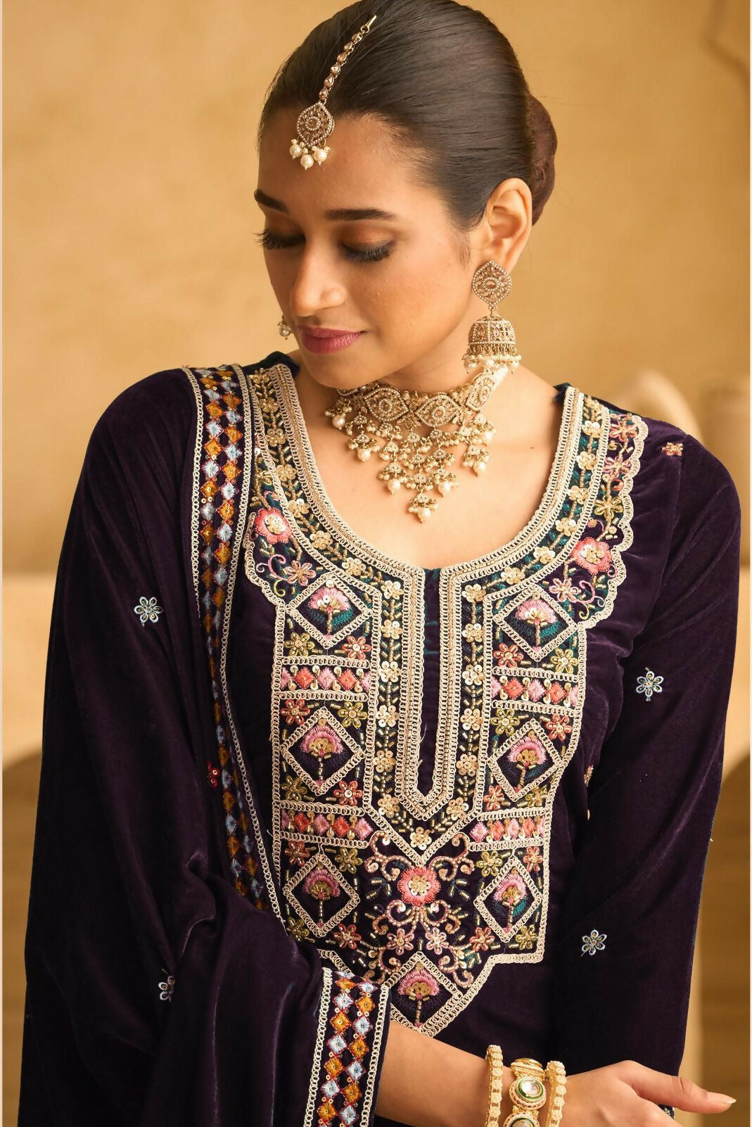 Anaita Dark Wine Embroidered with beads Velvet Stitched Plazo Suit | Grocsy