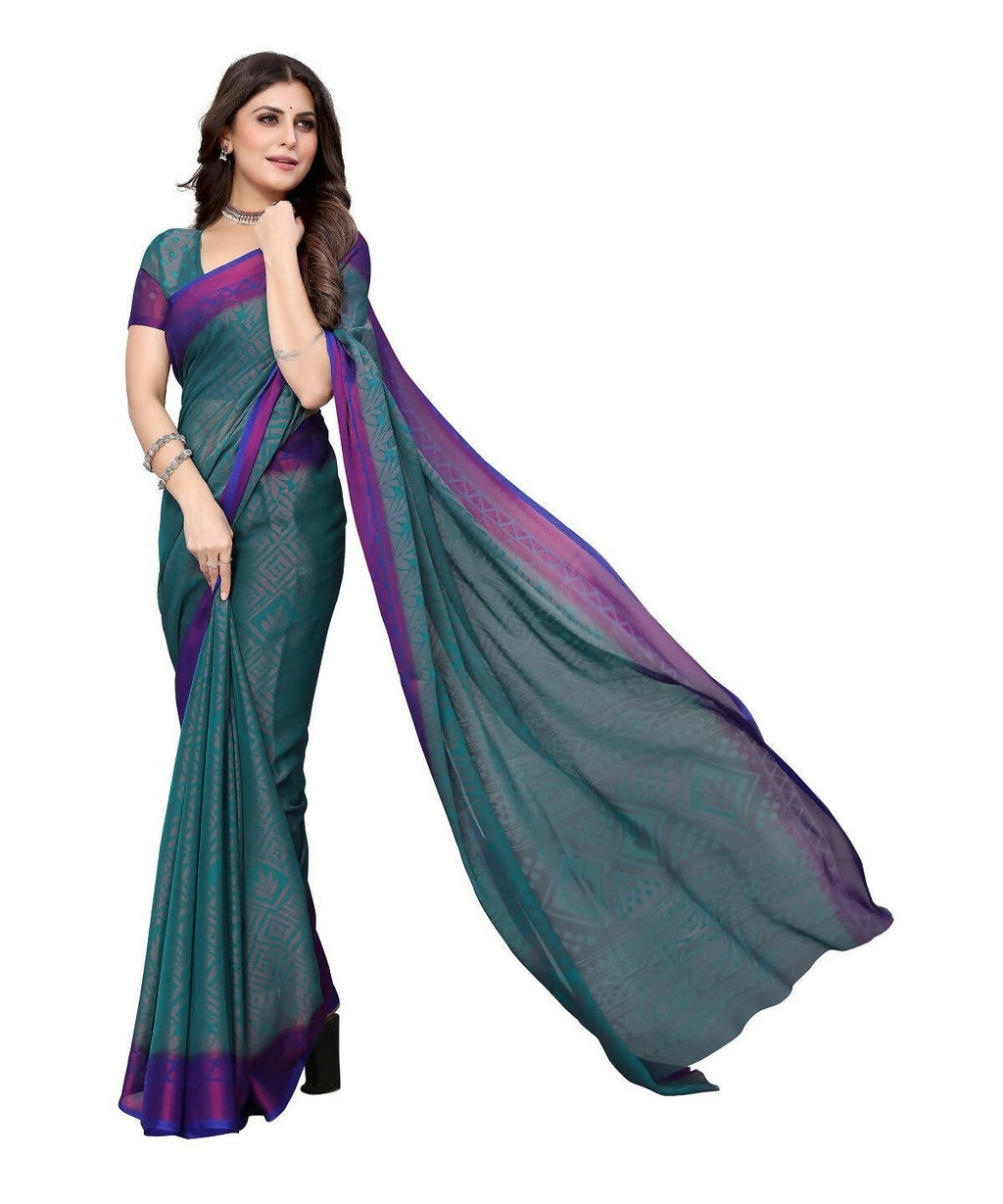 Vamika Rama Green Chiffon Brasso Bollywood Style Woven Saree (BAMBI RAMA) | Grocsy