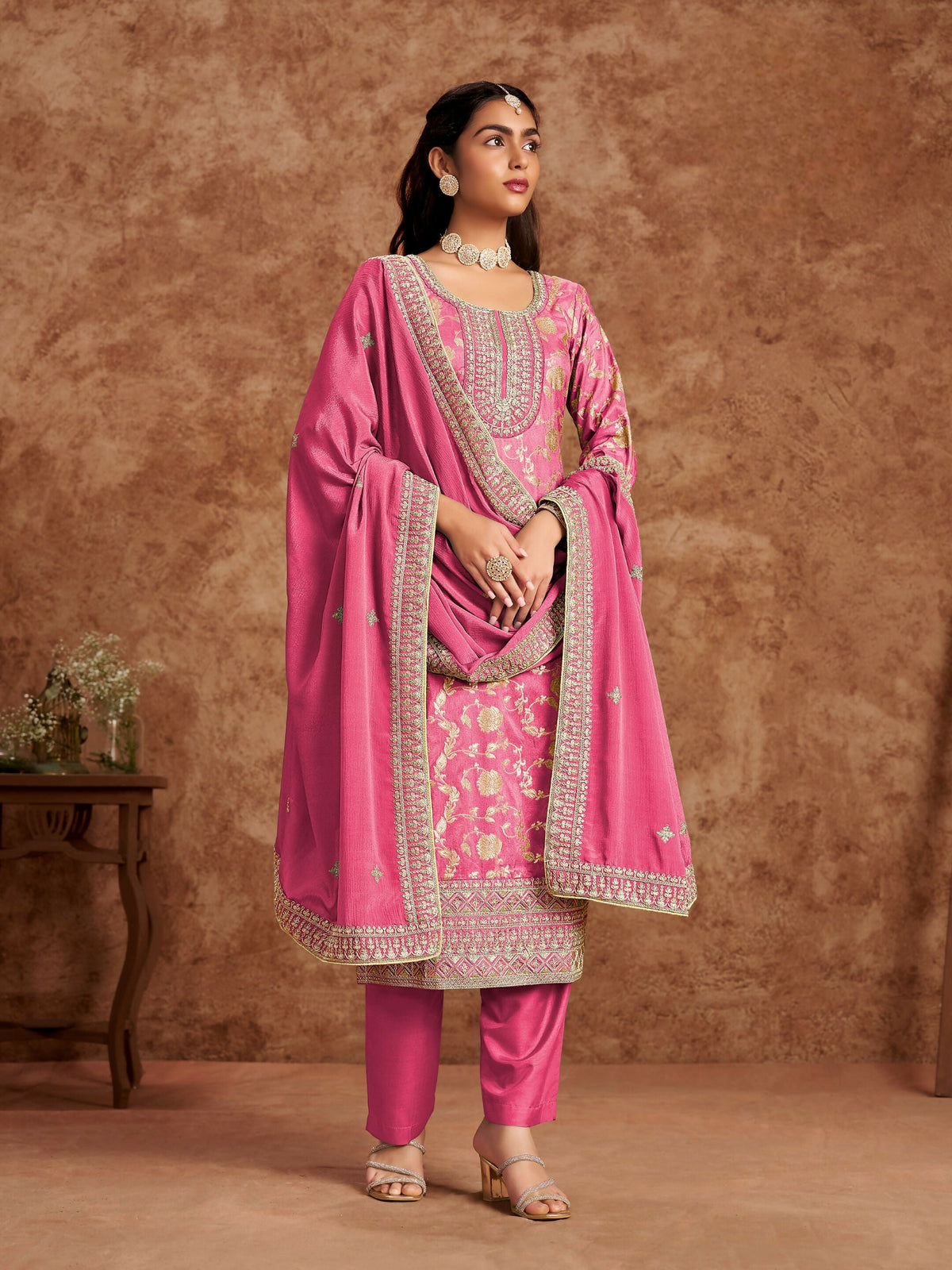 Anaita Pink Premium Dolla Jacquard Embroidered Stitched Salwar Suit | Grocsy