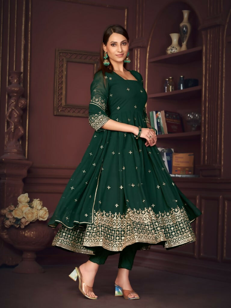 Jyoti Fashion Women's Golden & Bottle Green Georgette Embroidered Anarkali Kurta Pant Set With Dupatta | Grocsy