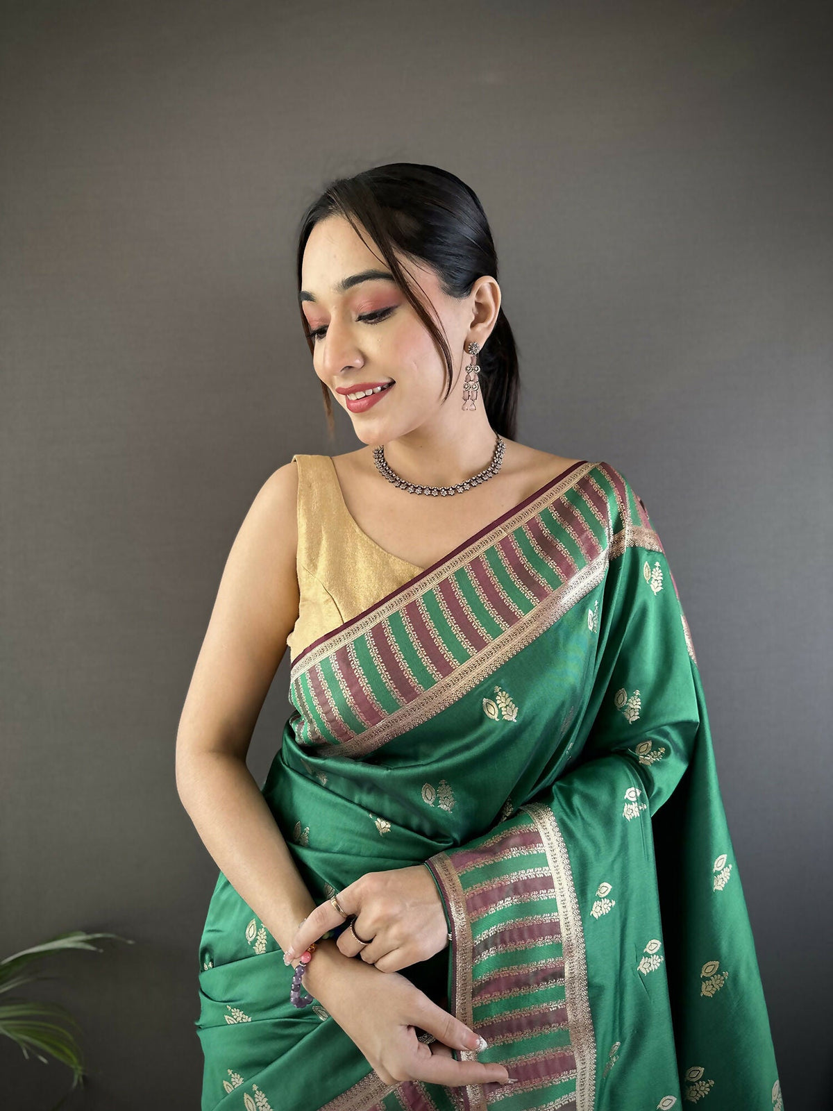 Joban Fashion Green Woven Zari Motifs Lichi Silk Banarasi Silk Saree | Grocsy
