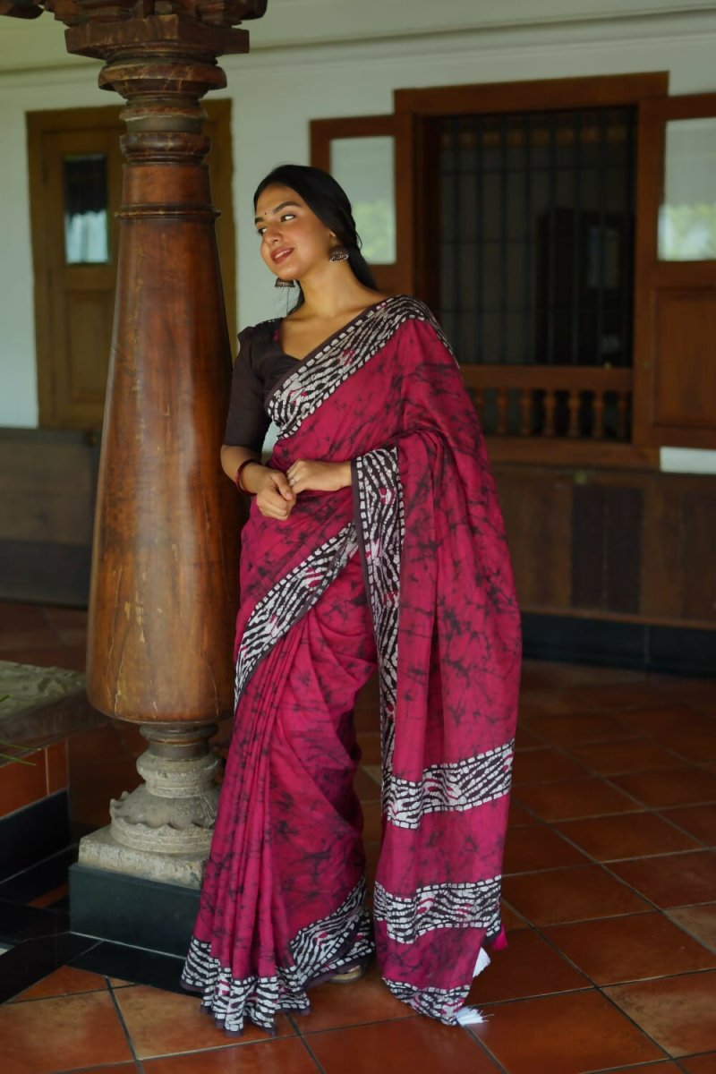 Arfa Fashion House Rani Pink Pure Chanderi Cotton Batik Printed Saree | Grocsy