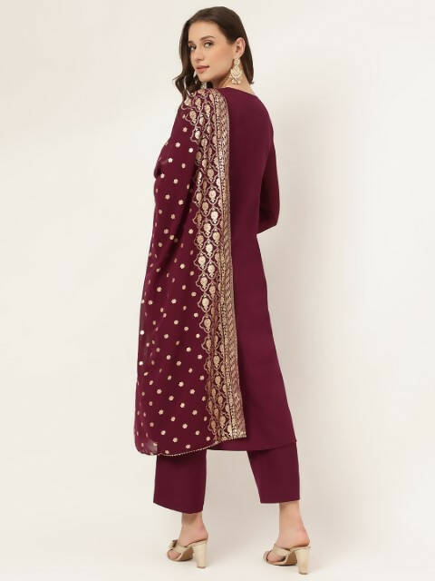 FIORRA Women's Purple Poly Crepe A-Line Kurta Pant With Dupatta | Grocsy