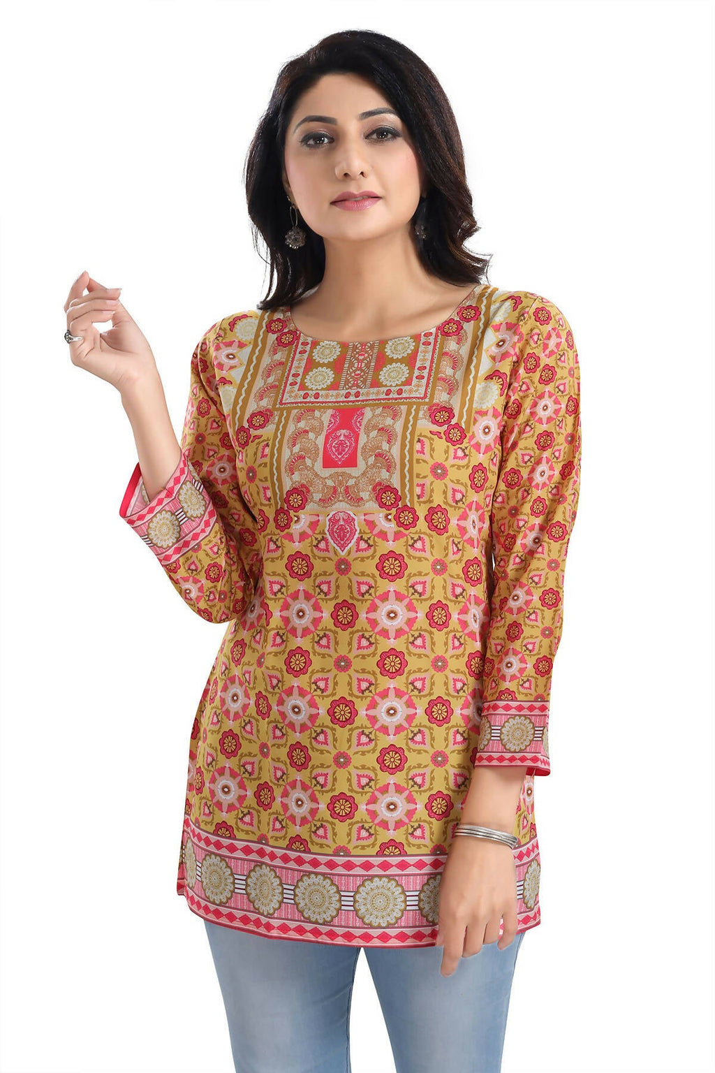 Snehal Creations Yellow Faux Crepe Short Kurti Tunic Top | Grocsy