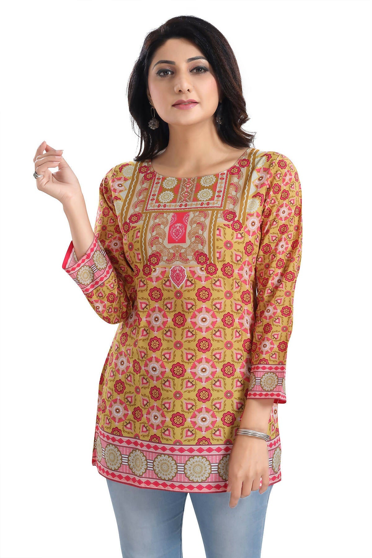 Snehal Creations Yellow Faux Crepe Short Kurti Tunic Top | Grocsy