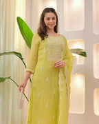 The52 Lemons Women's Beautiful Chikankari Work Chanderi Fabric Straight Kurta Pant and Dupatta Set | Grocsy