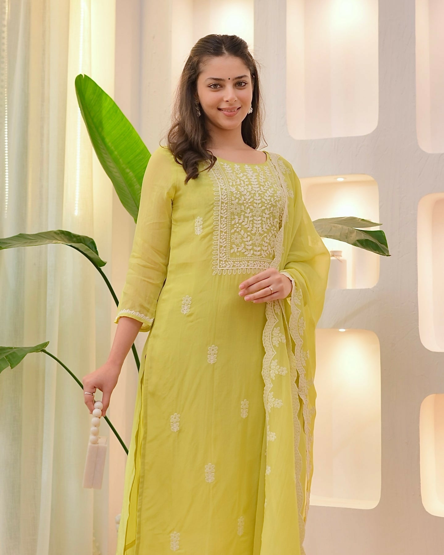 The52 Lemons Women's Beautiful Chikankari Work Chanderi Fabric Straight Kurta Pant and Dupatta Set | Grocsy