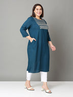 Sztori Plus Size Floral Yoke Design Thread Work Straight Kurta | Grocsy