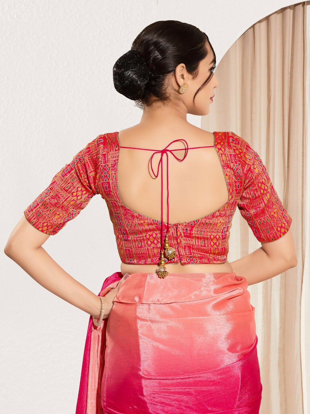 Joban Fashion Red Brocade Padded Blouse With Round Neck Elbow Sleeves | Grocsy