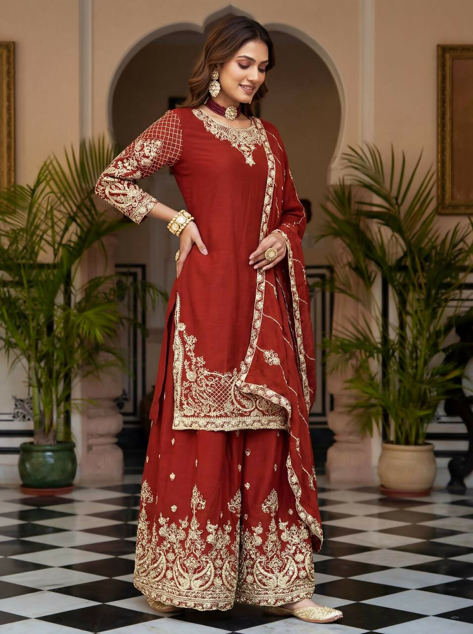 Teeya Creation Red Chinon Silk Designer Wedding Wear Embroidery Work Palazzo | Grocsy