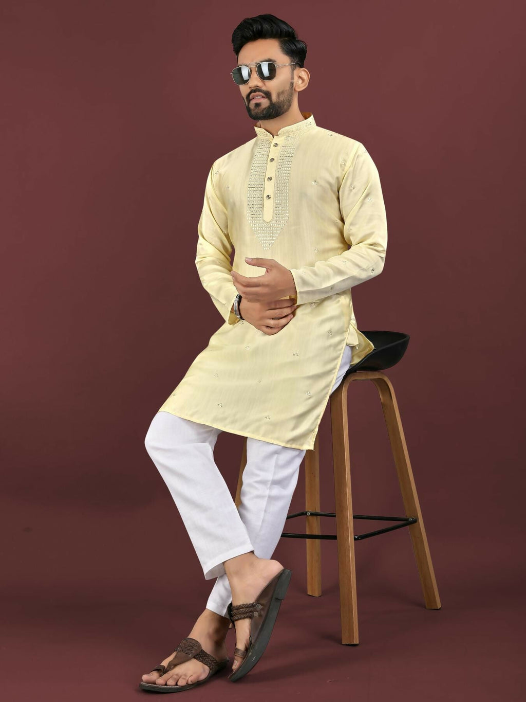 Anaita Yellow Embroidered Silk Straight Kurta | Grocsy