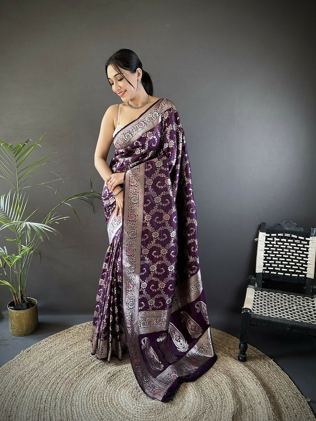Joban Fashion Purple Meenakari Banarasi Silk Sarees | Grocsy