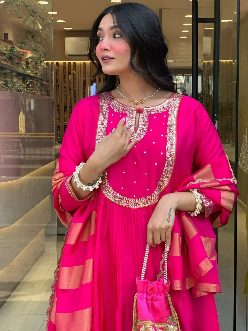 The52 Rani Women's Gorgeous Embroidered Work Chanderi Fabric Flared Kurta Pant and Dupatta Set | Grocsy