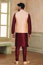 Raivat Ethnic Jacquard Banarasi Silk Woven Work 3 Pics Jacket Set In Beige Maroon Colour | Grocsy