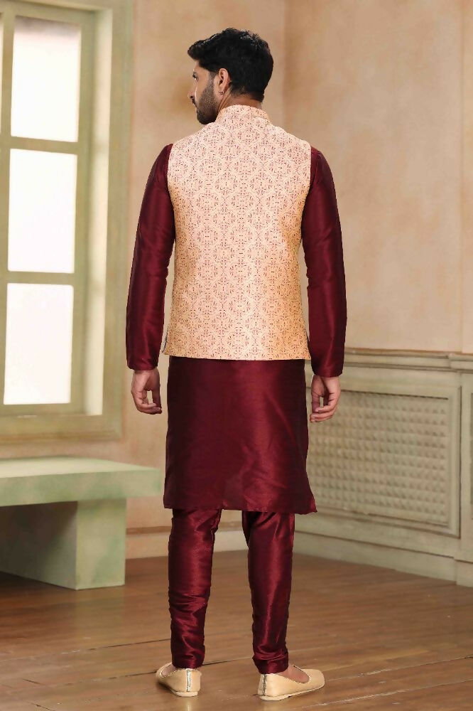 Raivat Ethnic Jacquard Banarasi Silk Woven Work 3 Pics Jacket Set In Beige Maroon Colour | Grocsy