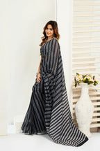 Vastranavya Black Digital Printed Linen Ready To Wear Designer Saree with Unstitched Blouse | Grocsy