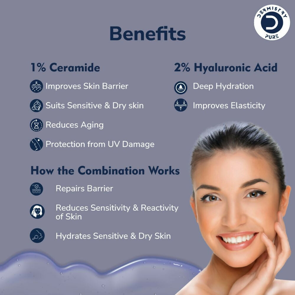Dermistry Pure 1% Ceramide 2% Hyaluronic Acid Sensitive & Dry Skin Moisturizer Barrier Repair Serum | Grocsy