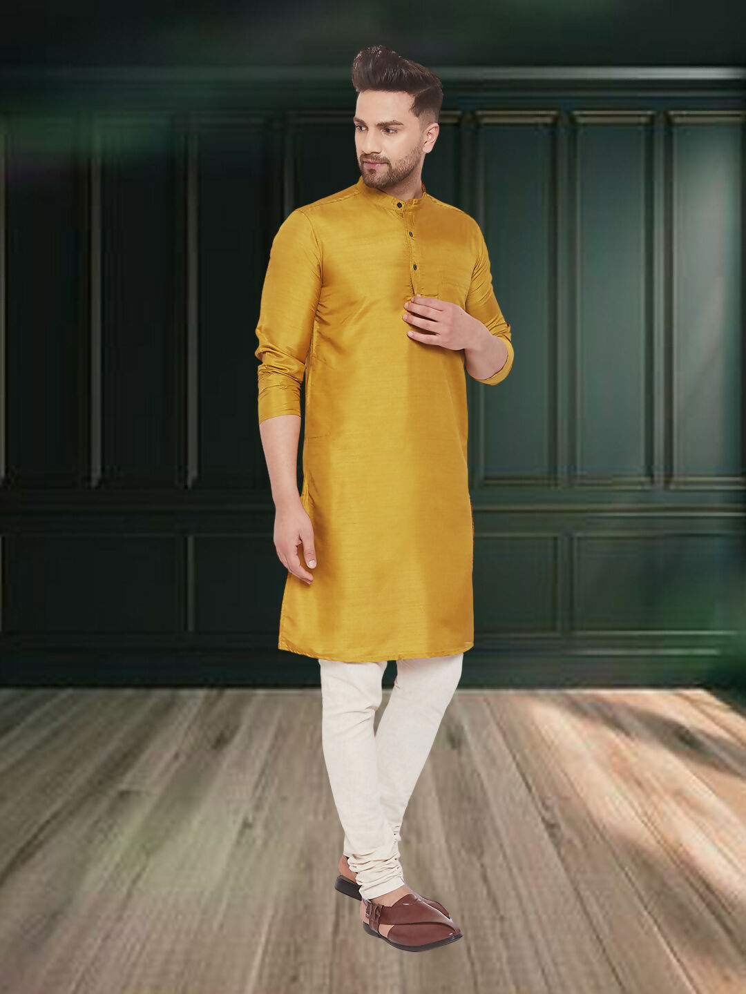 Even Apparels Men's Art Silk Beige Kurta | Grocsy