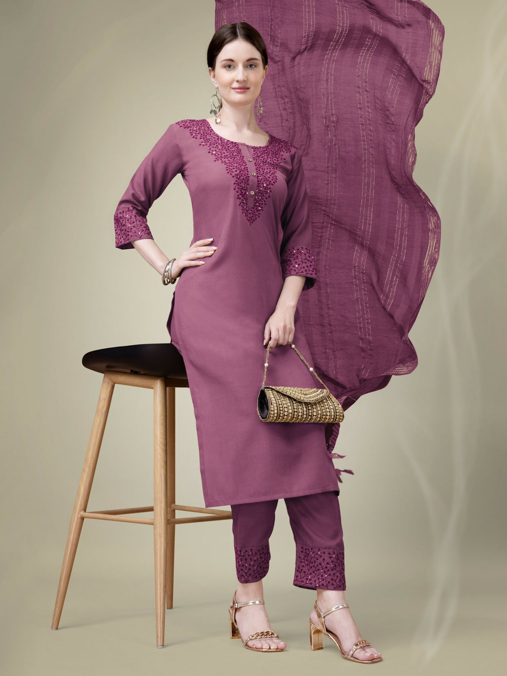 Jyoti Fashion Women's Onion Cotton Blend Embroidery & Sequence work Kurta with Trouser & Dupatta | Grocsy