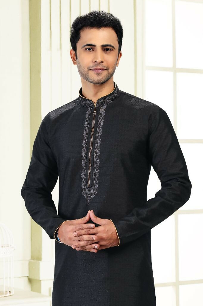 Raivat Ethnic Jacquard Banarasi Silk Thread Work Kurta Pajama In Black Colour | Grocsy