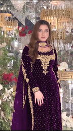 Joban Fashion Purple Velvet Sequence Embroidery Work Kurta Set | Grocsy